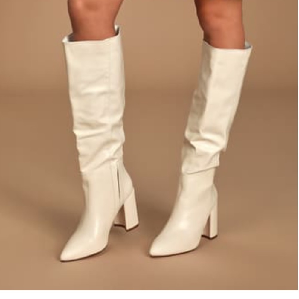 New Katari Off White Pointed Toe Knee High Boots